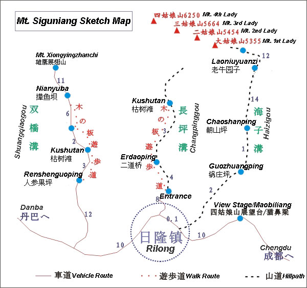 Siguniangshan Route Map,Sichuan